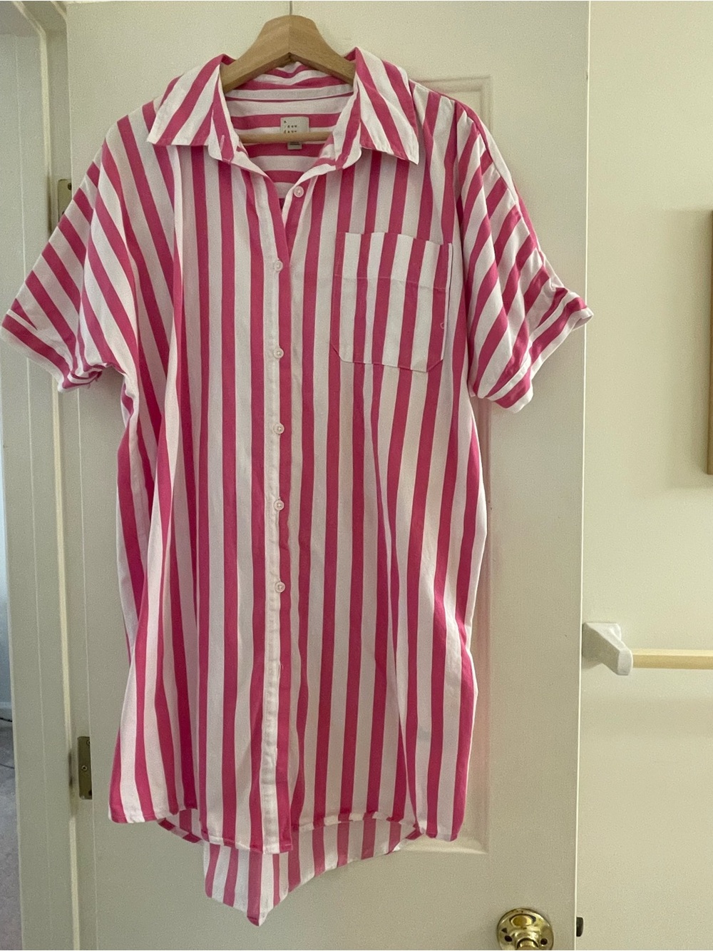 Pink & White Vertical Stripe Button-Up Shirt Dress Cover Up cotton dress